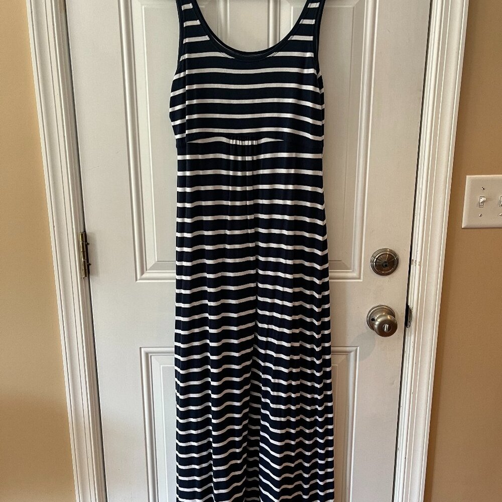 Columbia Womens PFG Maxi Dress Size M Omni Wick Striped Stretch Jersey Knit Blue